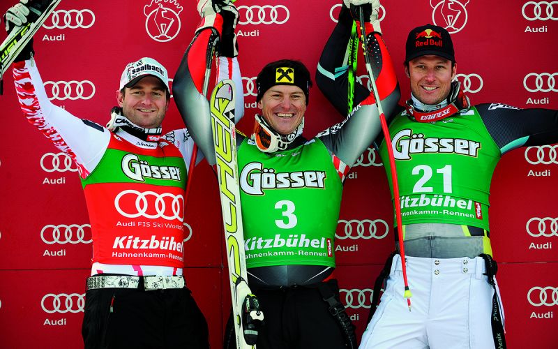 Super-G Sieger Ivica Kostelic (CRO) mit dem Österreicher Georg Streitberger (l.) und dem Norweger Aksel Lund Svindal.